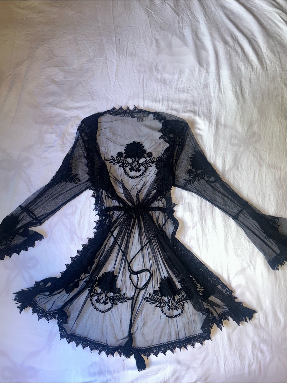 Gothic Black Sheer Lace Embroidered Tie-Waist Coverup